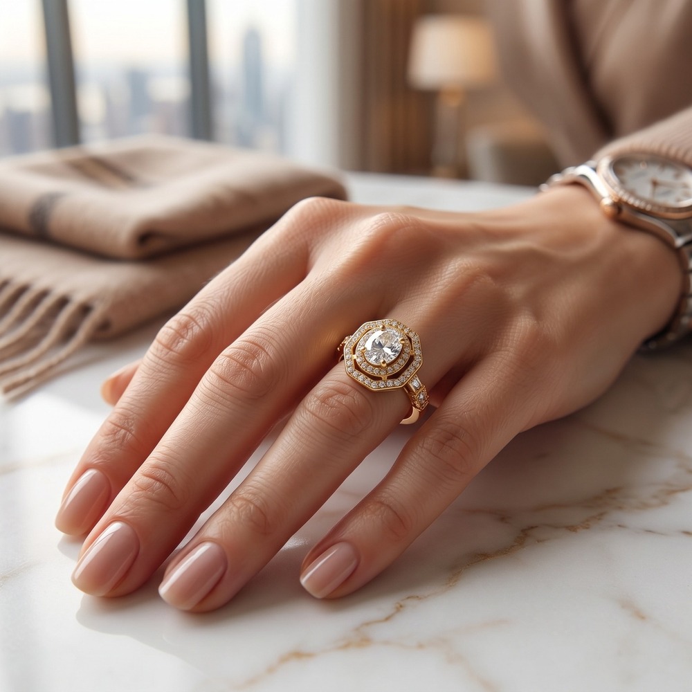 Women's Ring 5.25 Gold CZ Scalloped Halo Oval Statement Cocktail Sparkly